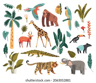 Conjunto de íconos aislados con aves exóticas y animales salvajes con plantas tropicales e ilustraciones vectoriales de árboles