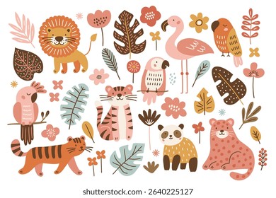 Jungle set -  lion, tiger, parrot, leopard, panda, tropical leaves and flowers on white background. Perfect for summer greeting cards, child decorations. Vector hand drawn illustration