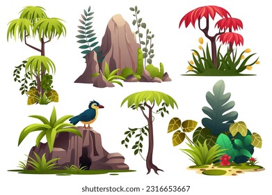 Jungle set. This illustration is a flat, cartoon-style design featuring a jungle theme. The design includes various elements such as trees, vines, animals. Vector illustration.