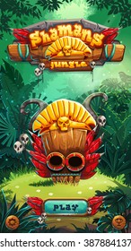 Jungle Shamans Game User Interface Play Window Screen. Vector Illustration For Web Mobile Video Game.