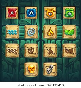 Jungle shamans GUI booster buttons set vector elements on creative background for computers game interface and web design