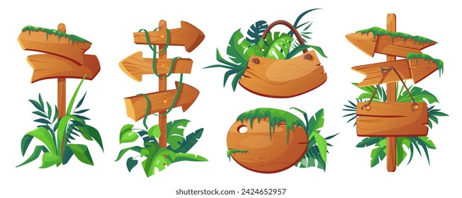 Jungle signboards mega set in cartoon graphic design. Bundle elements of different shapes of empty wooden direction pointers and guidepost with rainforest leaves. Vector illustration isolated objects