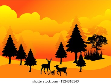 jungle silhouette in the afternoon with deer