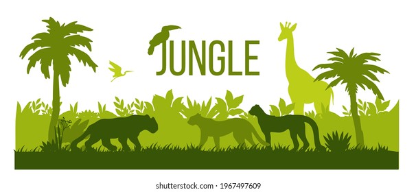 Jungle silhouette landscape, rainforest nature outline background, palm trees, green bushes, giraffe. Africa wildlife scene, panther, leopard, toucan, stork isolated on white. Jungle silhouette design