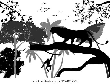 Jungle silhouettes vector illustration. Panther silhouette on tree, tree silhouettes on background