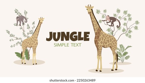 Jungle simple text. Poster or banner for website. African savannah and tall animals next to monkeys on tree. Fauna, flora and wild life. Poster or banner for website. Cartoon flat vector illustration