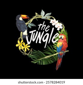 the jungle slogan with tropical leaves and tree vine with macaw bird vector illustration on black background