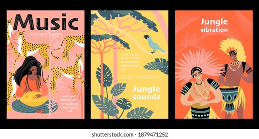 Jungle Sounds. Set of vector banners with a girl playing meditation music and men with drums on a background of tropical plants and animals. Illustrations in flat style