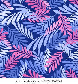 Jungle sprig leaves Seamless pattern Background Wallpaper. Combination colors of blue and pink. floral Pattern for card, greeting, weeding, invitation, fabric, print, cover, interior, and more.