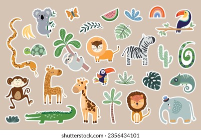 Jungle stickers collection with cute elements, animals and vegetation, vector design