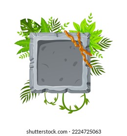 Jungle stone board with liana branches and tropical leaves. Stone banner elements for game and web in cartoon style.