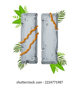 Jungle stone board with liana branches and tropical leaves. Stone banner elements for game and web in cartoon style.