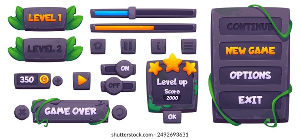 Jungle stone frame for cartoon game ui vector. Rock board and button icon element for aztec app design. Menu panel with liana vine tropical gui asset set. Level badge for interface illustration