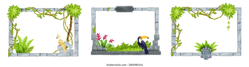 Jungle stone game frame set, vector user interface menu panel collection, rock tile border, toucan. Tropical maya design UI elements, green liana, parrot, tiki mask, bushes. Brick game frames on white