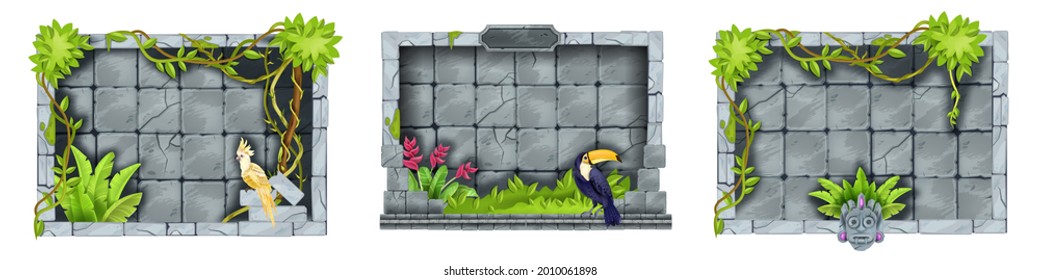 Jungle stone game frame set, tropical rock UI menu panel, vector green bushes, liana, vine, toucan, parrot. Gray ancient brick tile wall, sign board, tiki mask, user interface panel. Stone frame