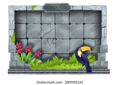 Jungle stone game frame, vector tropical interface panel border, paradise flowers, toucan, rock tiles. Ancient cracked maya sign board, user web interface menu concept. Stone frame illustration