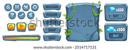 Jungle stone game ui buttons set isolated on white background. Vector cartoon illustration of cracked rock borders with green liana vines, menu, options, store frames, diamond icons, equalizer bar