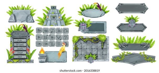 Jungle stone game UI set, rock vector buttons, gray cracked boulder sign board, menu frame, Aztec pyramid. Tropical user interface design element, rainforest banner. Stone game asset kit, parrot, vine