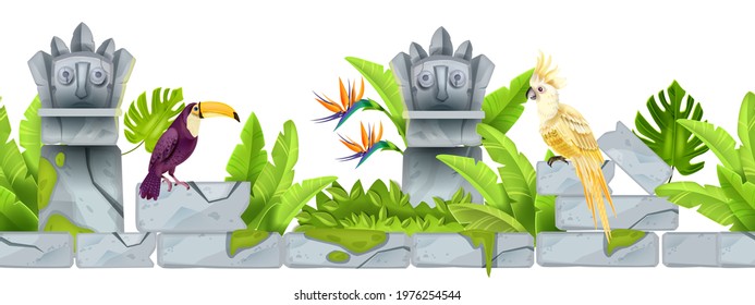 Jungle stone seamless border, vector tropical cartoon background, parrot, toucan, totem face, paradise flowers. Nature exotic game level illustration, cracked ancient ruin. Jungle border, maya idols