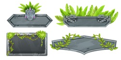 Jungle stone sign board set, game rock jungle panel, green tropical leaf, maya tiki mask, totem face, liana. UI banner kit, gray boulder frame, vine, user interface design elements. Stone sign clipart