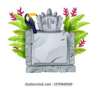 Jungle stone sign board, vector cartoon rock block, cracked maya totem face, toucan, tropical flowers. Nature game ui element, grey ancient boulder, banana leaves. Stone square sign isolated on white