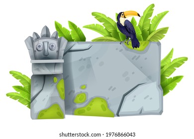 Jungle stone sign board, vector game rock tablet, cracked old boulder, moss, toucan, maya totem face. Environment object, UI design element, tropical leaves. Granite stone sign panel isolated on white