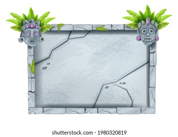 Jungle stone sign board, vector game rock panel, cracked granite wall panel, tiki mask, leaves. Maya Aztec civilization rectangle block, UI background, grey boulder. Ancient stone sign illustration