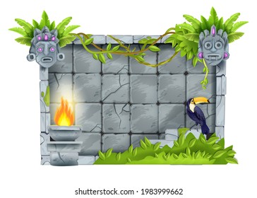 Jungle stone sign board, vector cartoon game rock panel, brick wall, cracked boulder tiles, toucan, tiki mask. Maya granite ancient frame, Aztec ruin, cracked rectangle UI elements. Stone sign block