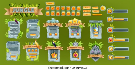 Jungle stone UI game set, user interface rock button kit, window menu panel, energy health bar. Mobile app frame collection, winner badge, login template, tropical leaf, maya gold. UI game 2D assets