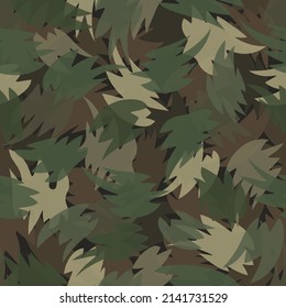 Jungle style camouflage seamless pattern. Shapes of foliage and leaves. Pine forest color palette. Abstract army and hunting masking ornament background.