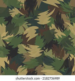 Jungle style camouflage seamless pattern. Shapes of foliage and leaves. Tropical forest swamp color palette. Abstract army and hunting masking ornament background.