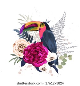 Jungle summer print with toucan who is perching on rose, orchid and peony flowers . Isolated vector illustration on white background. Wild bird for interior, wallpaper, wrapping, poster