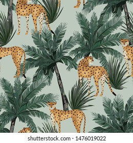 Jungle summer seamless pattern with palm trees and leopards. Tropical print. Vector illustartion