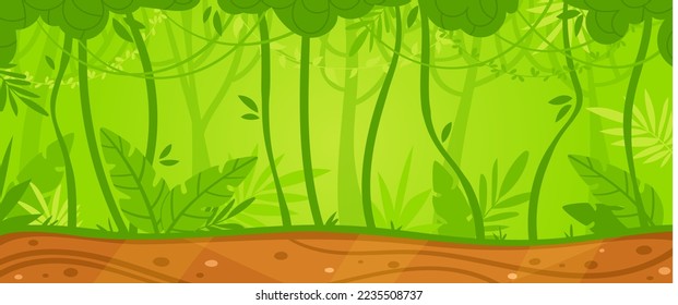 Jungle summer tropical forest, green nature landscape with grass, tree and foliage, vector illustration. Beautiful outdoor environment