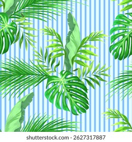 Jungle summer vector pattern with tropical leaves. Trendy summer print. Exotic seamless background..