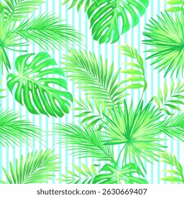 Jungle summer vector pattern with tropical leaves. Trendy summer print. Exotic seamless background.