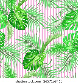 Jungle summer vector pattern with tropical leaves. Trendy summer print. Exotic seamless background.