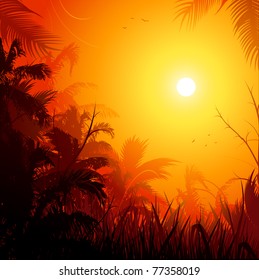 Jungle at sunset background illustration