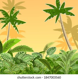 Jungle. Sunset or sunrise. Dense tropical vegetation, foliage. Tall, spreading palms. Landscape illustration. Orange clear sky. Cartoon flat style. Vector