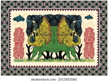 Jungle Symphony: A Vibrant Gond Depiction of Elephant, Tree, and Wildlife. Gond elephant tree nature painting, Indian folk art wildlife scene,Tribal nature artwork, Gond jungle, Wildlife Gond art. 