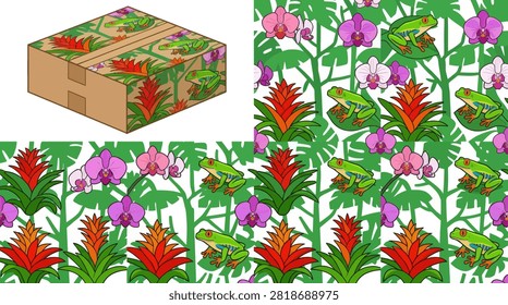 Jungle theme packaging pattern featuring colorful tree frogs and flowers.
