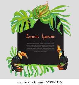 Jungle theme template. Tropical plants / leaves and toucan birds