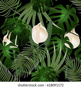 Jungle. Thickets of tropical palm leaves. Three flowers and monster leaves. Seamless floral pattern. Isolated on black background. Vector illustration