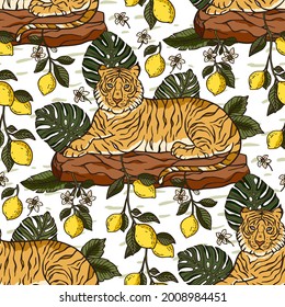 Jungle tiger exotic tropical seamless pattern. Animal floral nature fabric illustration. Textile lemon and palm leaf tropic print design.