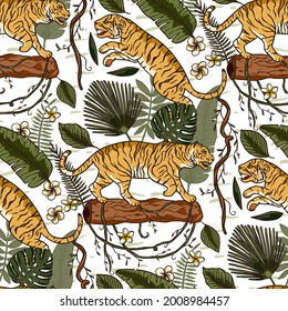 Jungle tiger exotic tropical seamless pattern. Animal floral nature fabric illustration. Textile vine and monstera palm leaf tropic print design.