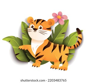 Jungle tiger icon. Origami, paper craft. Childrens creativity, art. Animal, mammal and wildlife. African savannah and tropical forests. Poster or banner for website. Cartoon flat vector illustration
