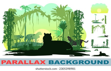Jungle tiger lies. Morning forest landscape. Picture layers parallax effect. Vector image isolated background.
