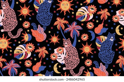 jungle tiger trees sun moon typical elements wallpaper backdrop background illustration seamless pattern repeat print textile fabric vector artwork