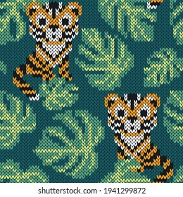 Jungle Tigers Jacquard Knitted Seamless Pattern. Colorful Background With Cute Cartoon Animals. Tiger Symbol Of New Year 2022. Vector Illustration For Knitwear Design.