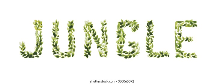 Jungle title green leaves letters. Watercolor imitation decorative art title. Environmental concept. Isolated design element. Vector is EPS8.